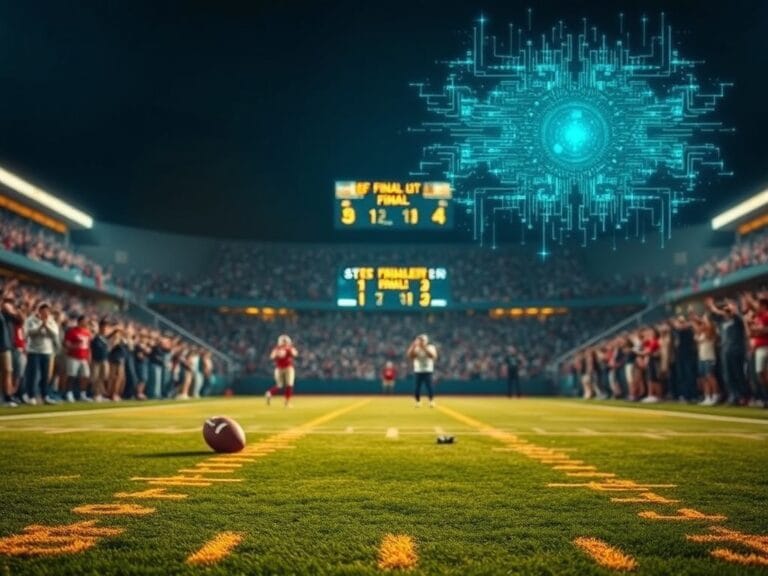 Flick International A vibrant football field under bright stadium lights, with AI elements overlaying the scene.