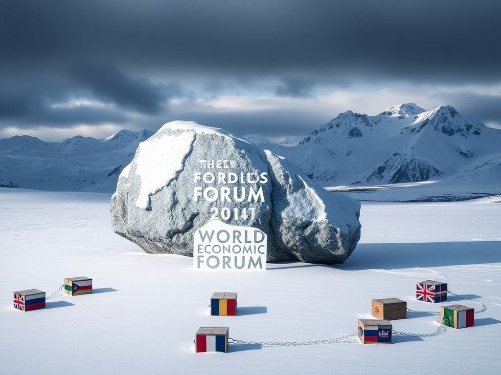 Flick International Cold, stark landscape of the Swiss Alps with a massive rock shaped like Greenland, symbolizing trade tensions.