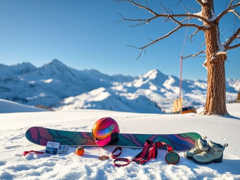 Flick International Colorful snowboarding gear laid out on pristine snow with mountain backdrop