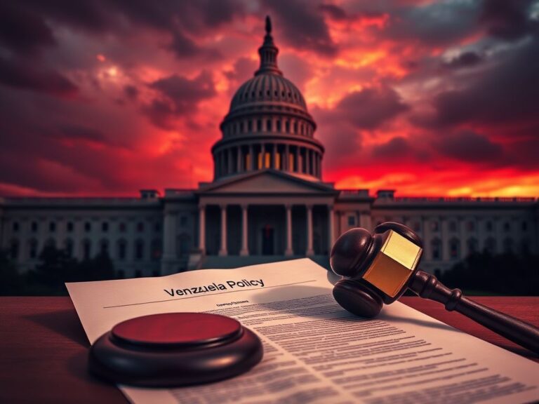 Flick International A sunset view of the U.S. Capitol building with a gavel and Venezuela Policy document in the foreground.