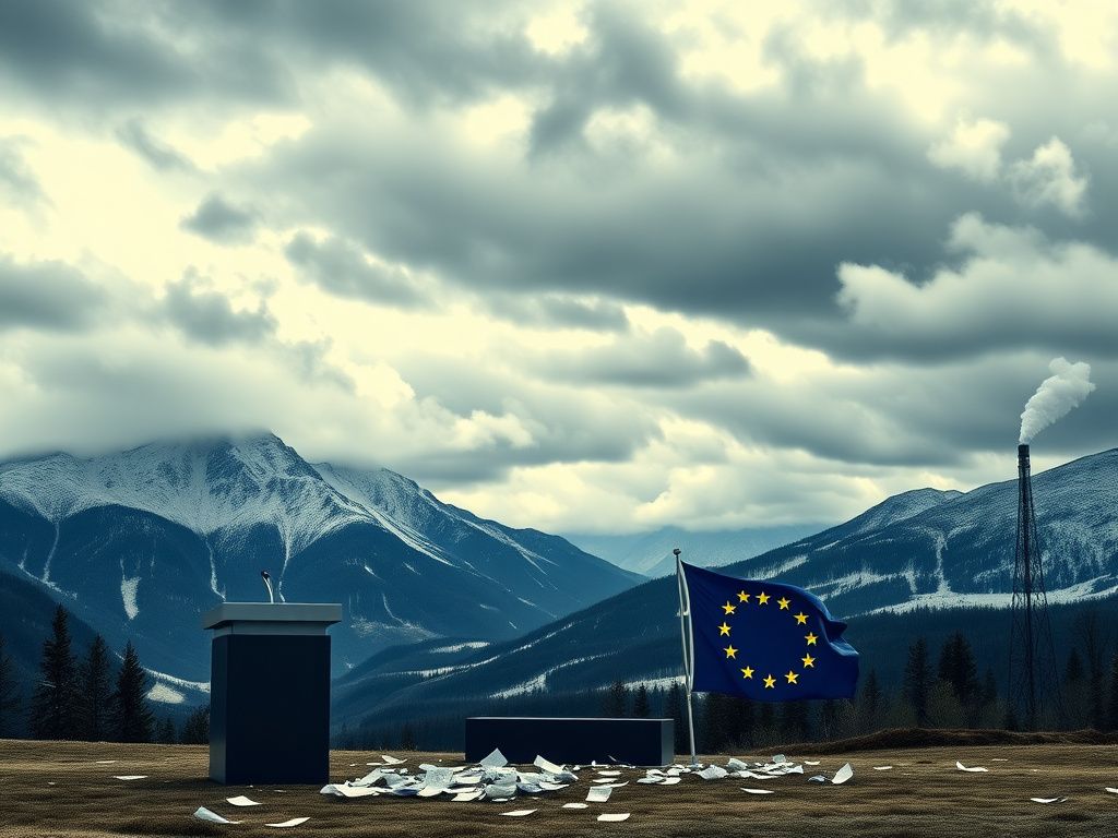 Flick International A large, empty podium with a partially torn European Union flag in the Davos mountains symbolizing political discord