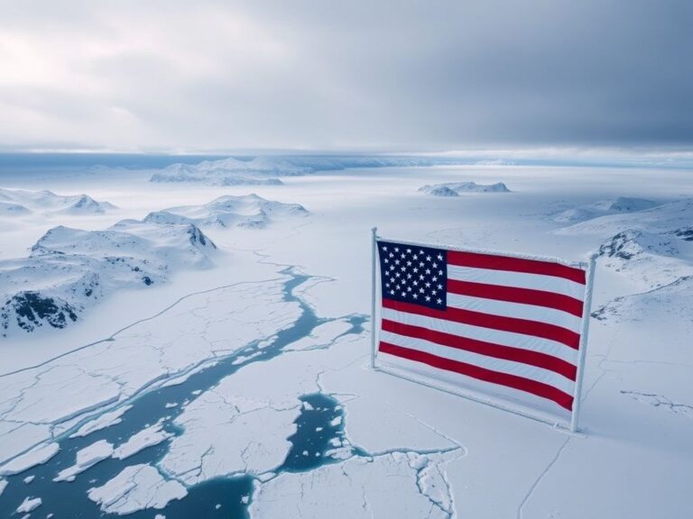 Flick International Aerial view of Greenland's icy landscape with a USA flag frozen in the ice