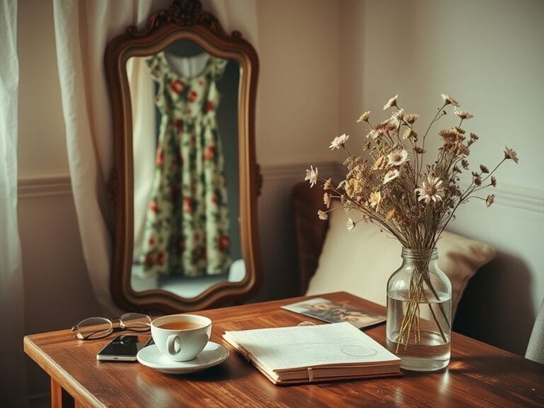 Flick International Cozy interior scene with a vintage mirror and a floral dress symbolizing self-acceptance