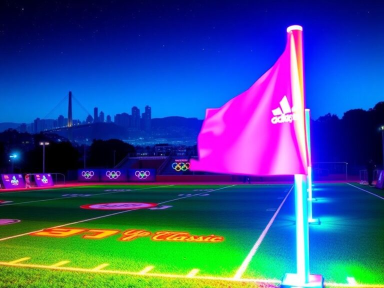 Flick International Vibrant nighttime scene of a flag football field illuminated with neon lights