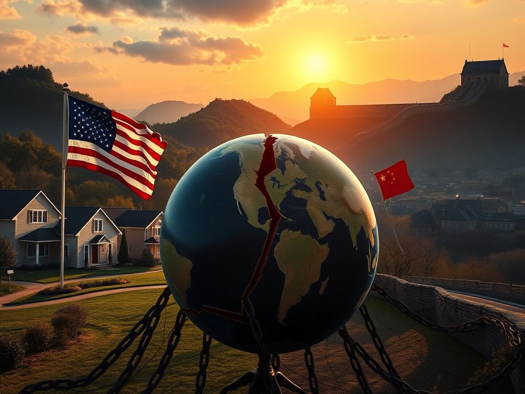 Flick International A split landscape depicting American suburbia and a bustling Chinese urban environment