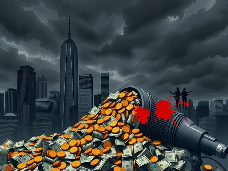 Flick International A dramatic urban skyline with skyscrapers under dark clouds representing corporate power