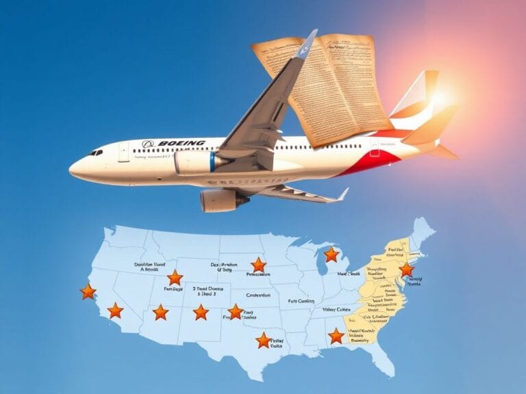 Flick International Boeing 737 soaring with patriotic designs and historical documents under clear blue sky