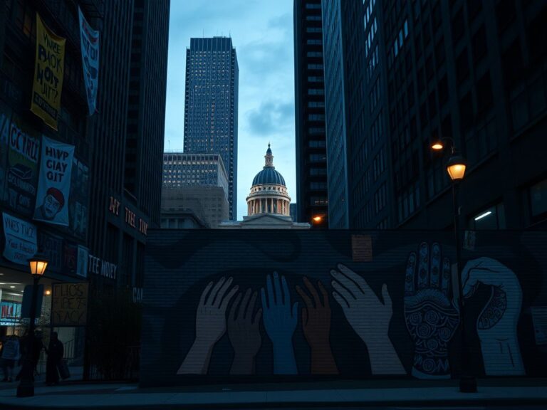 Flick International Somber urban scene in Minneapolis reflecting unrest with a mural symbolizing community solidarity