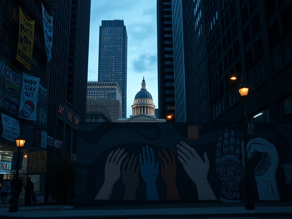 Flick International Somber urban scene in Minneapolis reflecting unrest with a mural symbolizing community solidarity