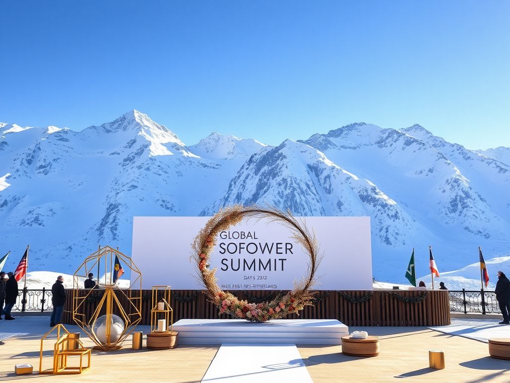 Flick International A picturesque winter scene at the Global Soft Power Summit in Davos, showcasing snow-capped Swiss Alps and elegant outdoor decor.
