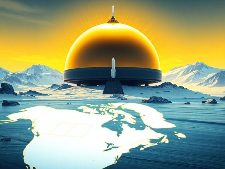 Flick International Futuristic missile defense system beneath a golden dome in an Arctic landscape