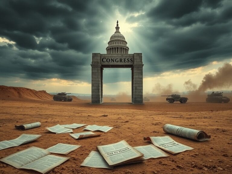 Flick International Dramatic scene of a crumbling stone archway symbolizing Congress in a barren landscape representing military conflict