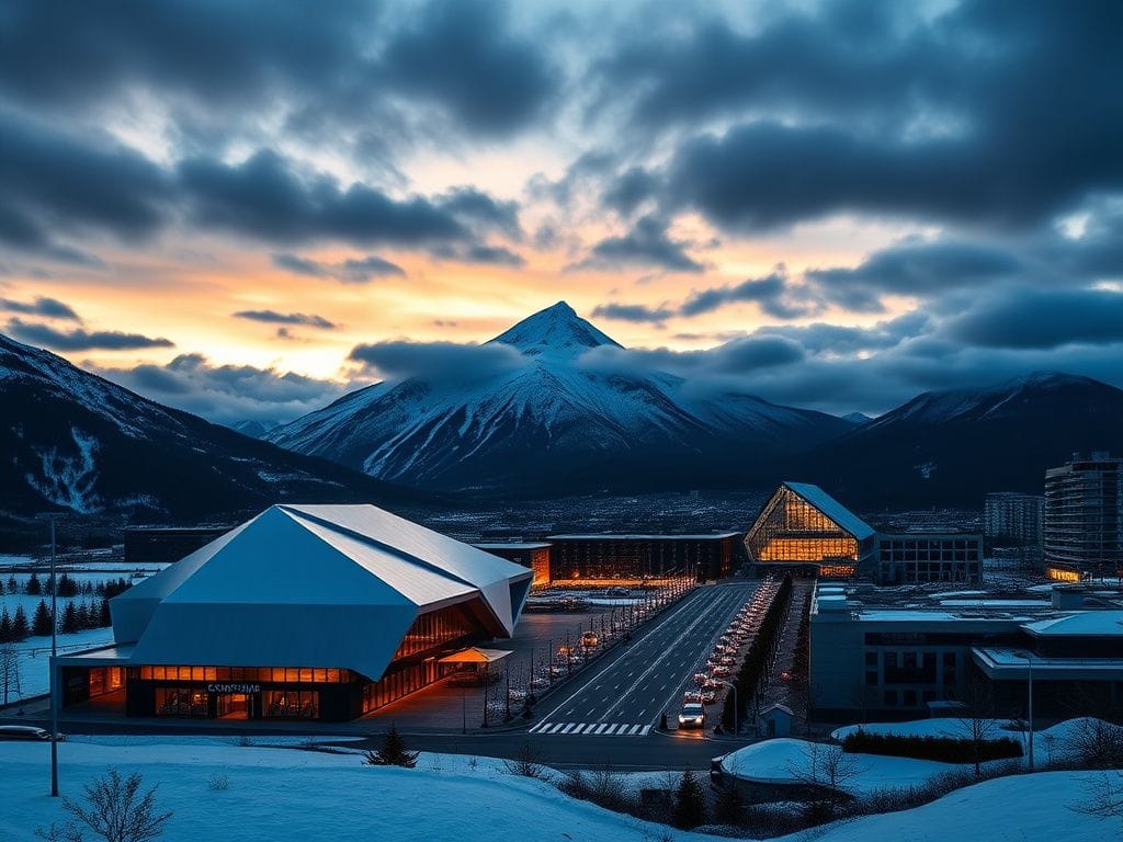 Flick International Dramatic landscape of the Swiss Alps with a modern conference hall symbolizing the World Economic Forum