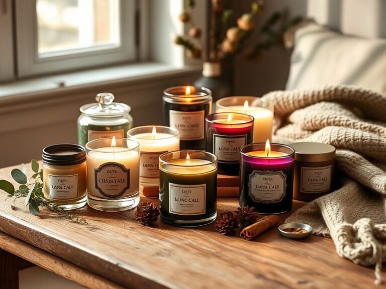 Flick International A cozy indoor scene with various scented candles displayed on a rustic wooden table.