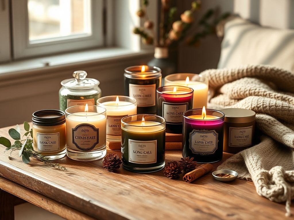 Flick International A cozy indoor scene with various scented candles displayed on a rustic wooden table.