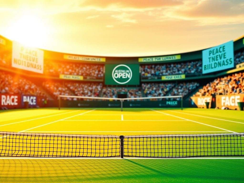 Flick International Vibrant tennis court with cheering crowd and Australian Open logo