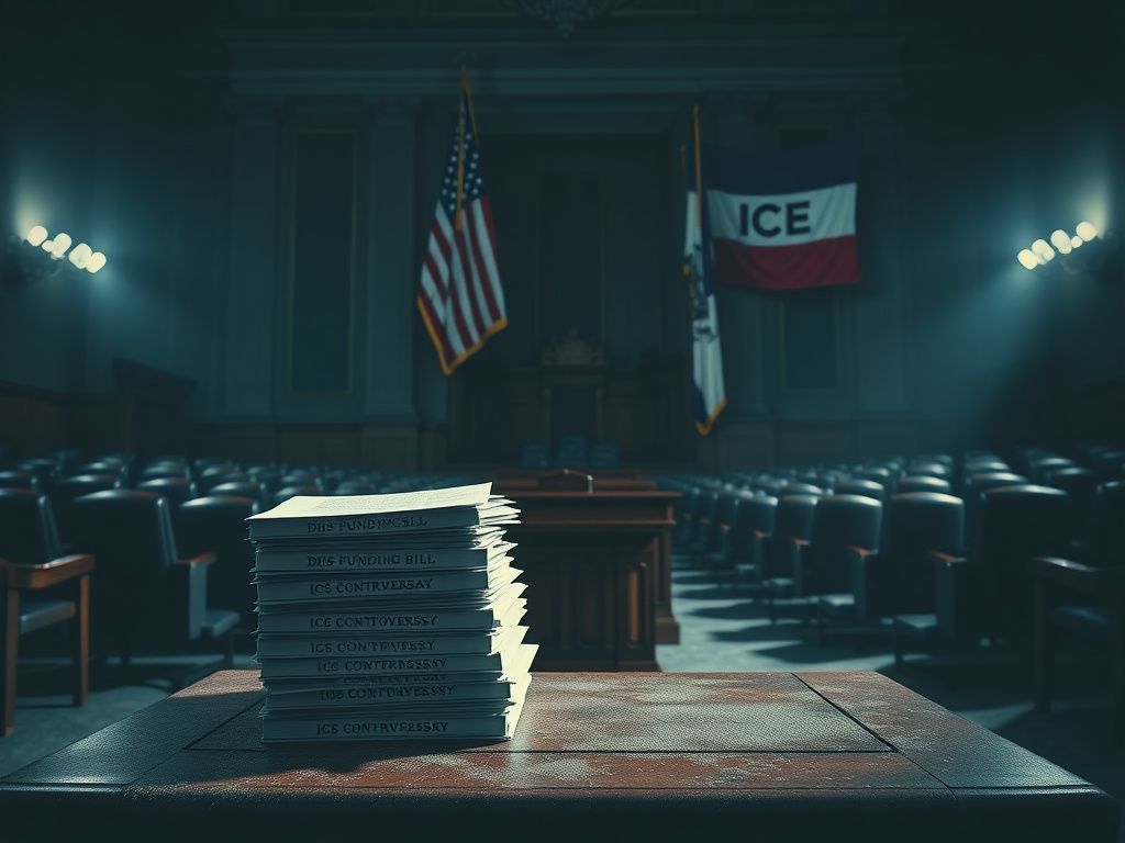 Flick International A somber congressional chamber with empty seats representing political tension over the DHS funding bill.