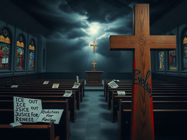 Flick International Interior of a church sanctuary depicting empty pews and a prominent cross amidst protest signs