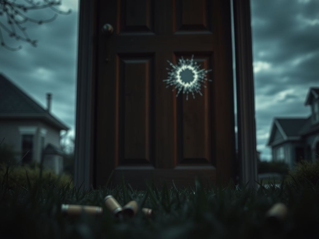 Flick International Close-up of a front door with a bullet hole and shattered glass, reflecting unexpected violence