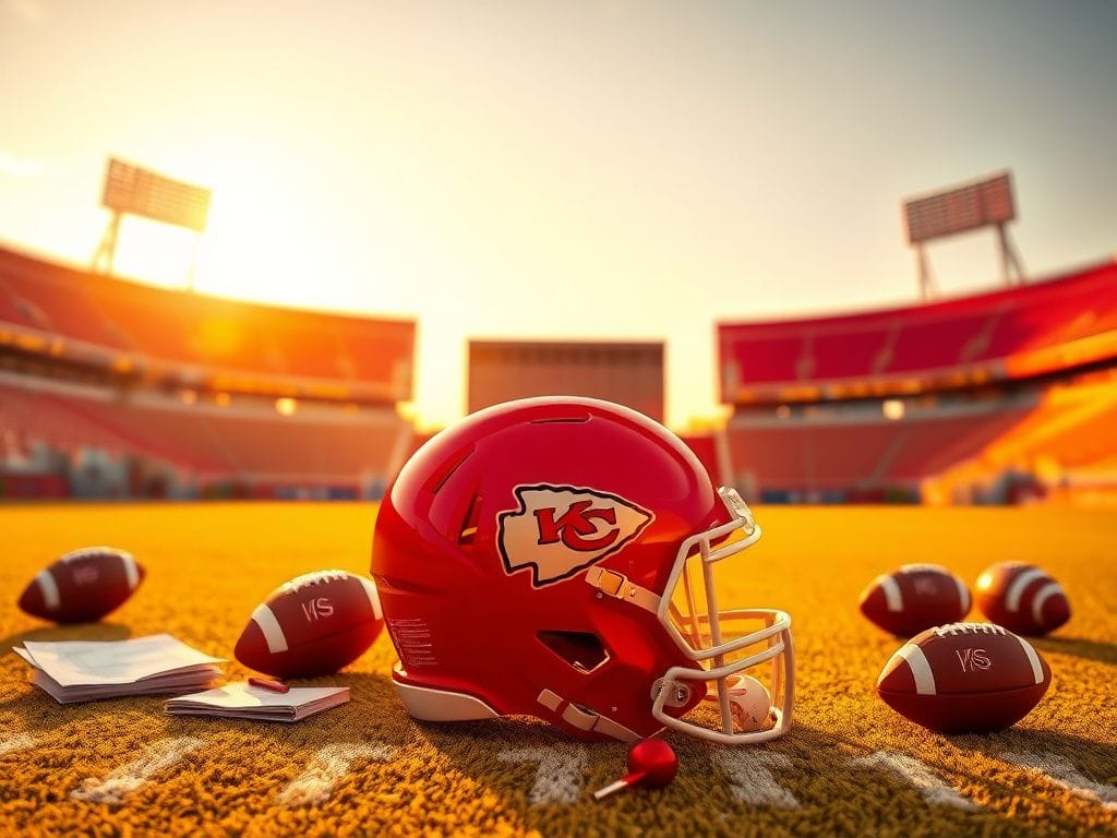 Flick International Kansas City Chiefs helmet on a football field at sunset