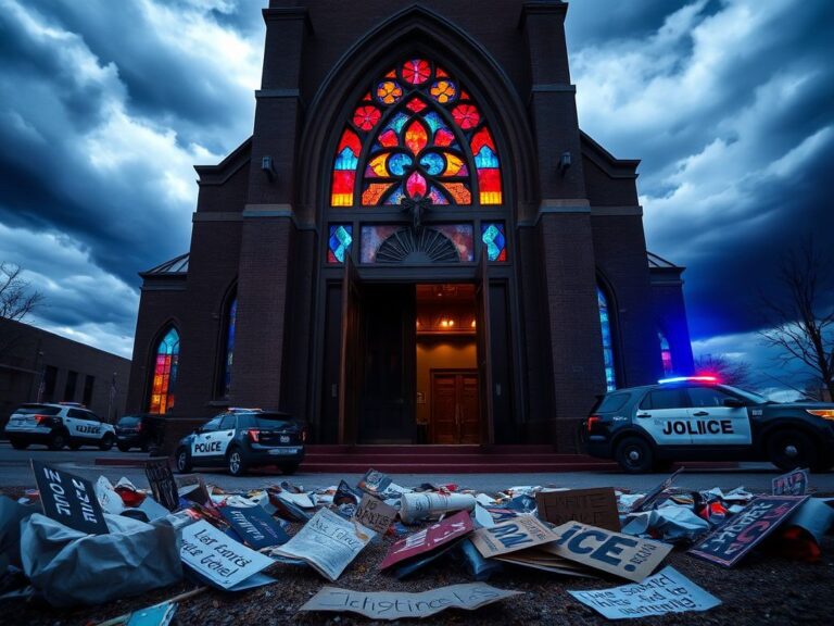 Flick International A dramatic scene outside a contemporary church building in St. Paul, Minnesota, with protest signs and a vibrant stained glass window.