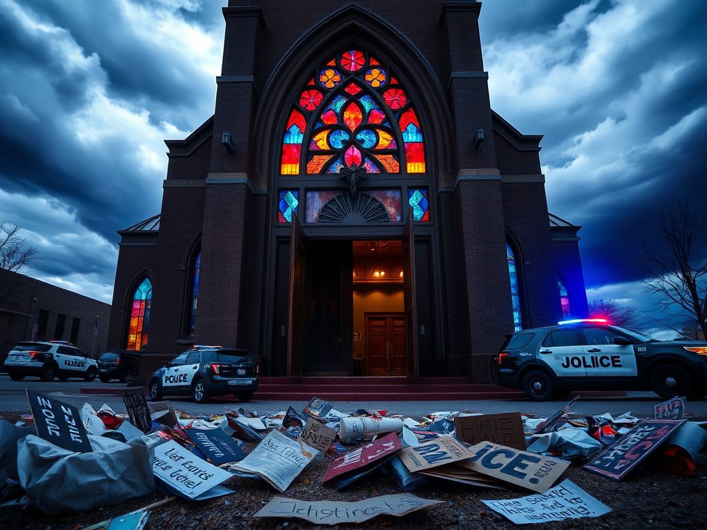 Flick International A dramatic scene outside a contemporary church building in St. Paul, Minnesota, with protest signs and a vibrant stained glass window.