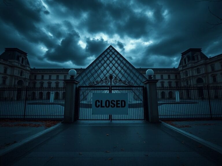 Flick International Exterior view of the Louvre Museum under a cloudy sky with a Closed sign in the foreground