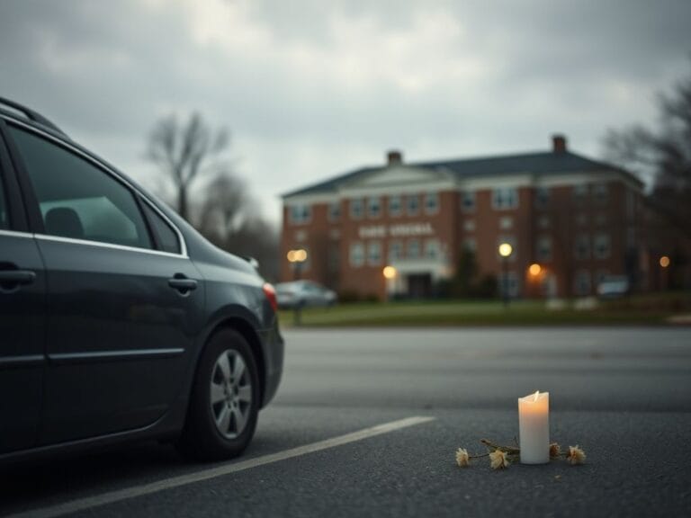 Flick International Parked vehicle in university parking lot under gray sky, reflecting somber mood