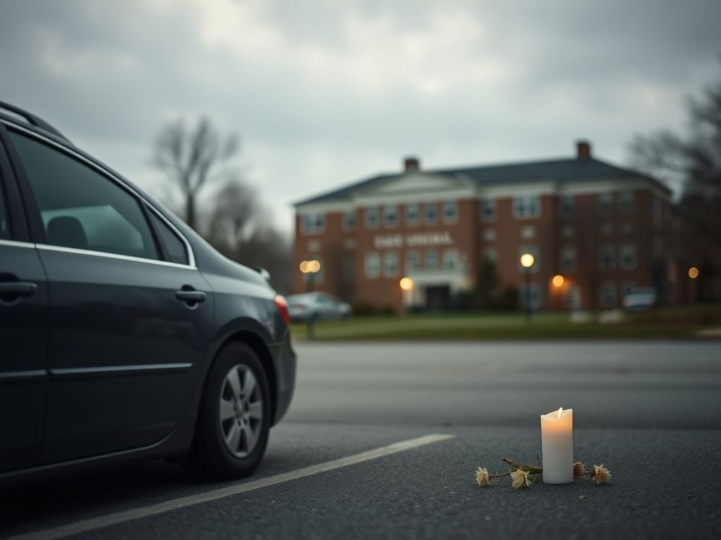 Flick International Parked vehicle in university parking lot under gray sky, reflecting somber mood