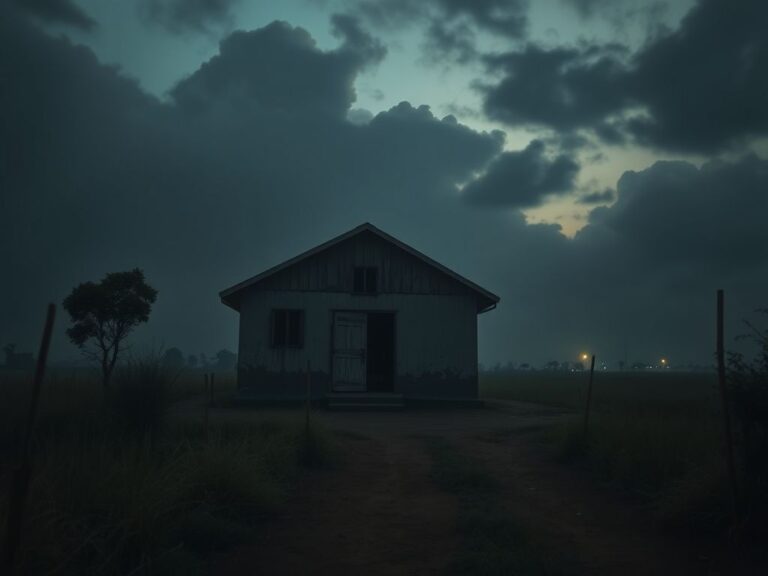 Flick International Desolate church exterior in rural Nigeria surrounded by twilight haze
