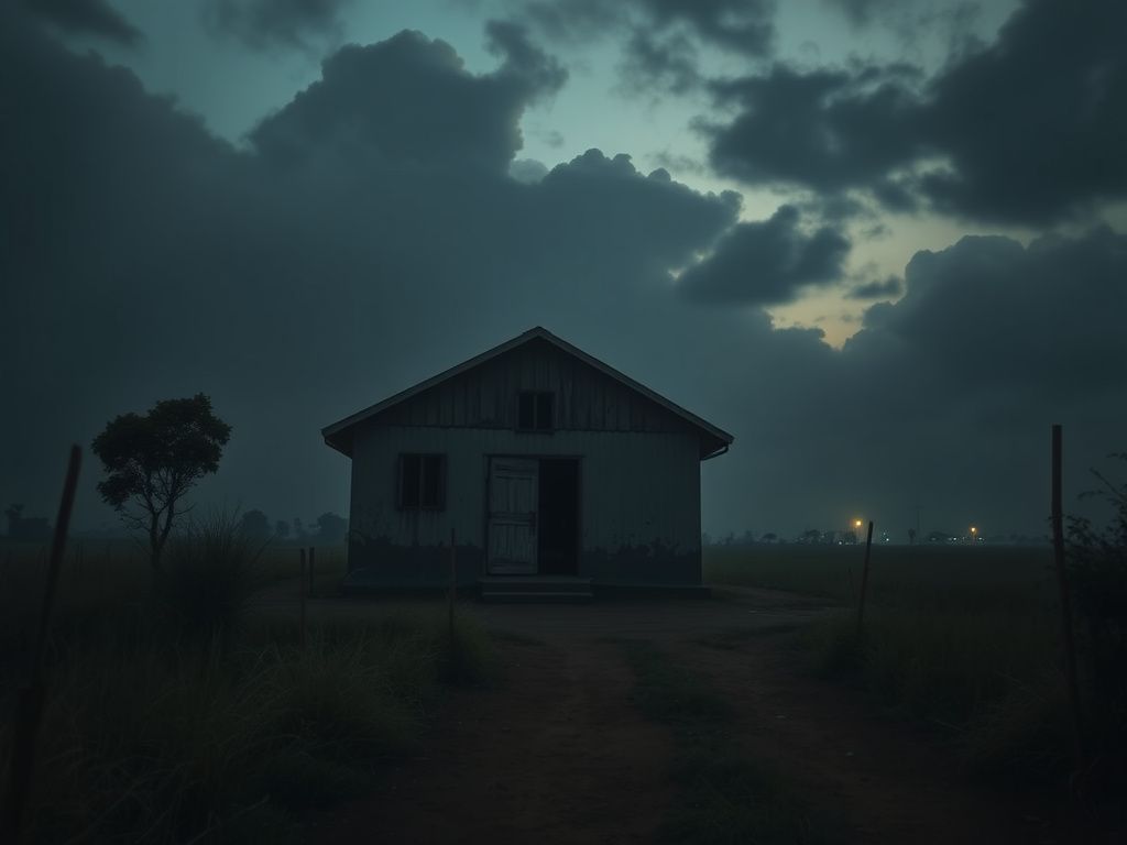 Flick International Desolate church exterior in rural Nigeria surrounded by twilight haze