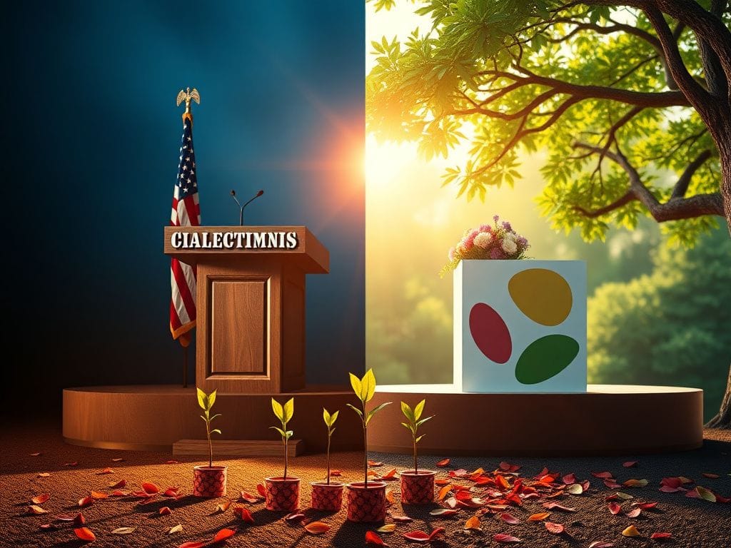 Flick International Conceptual representation of leadership transition featuring a split scene with old and new political podiums