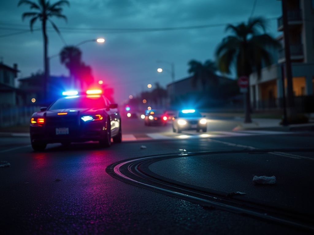 Flick International Police vehicle with flashing lights at a chaotic law enforcement operation in Los Angeles