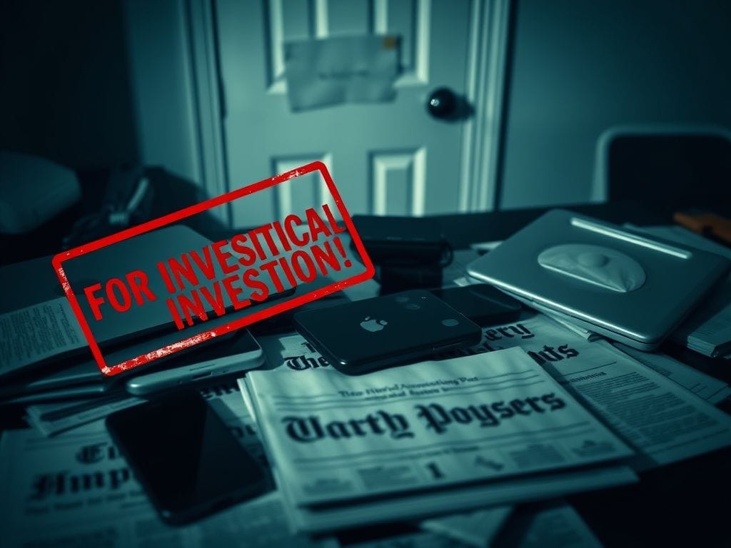 Flick International Close-up of a cluttered desk with electronic devices seized from journalist, featuring a 'FOR INVESTIGATION' stamp.