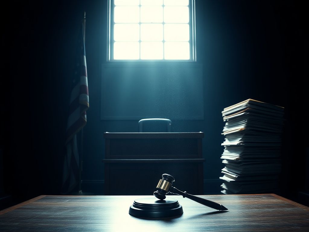 Flick International Dimly lit courtroom with an empty judge's bench and stacked Epstein files