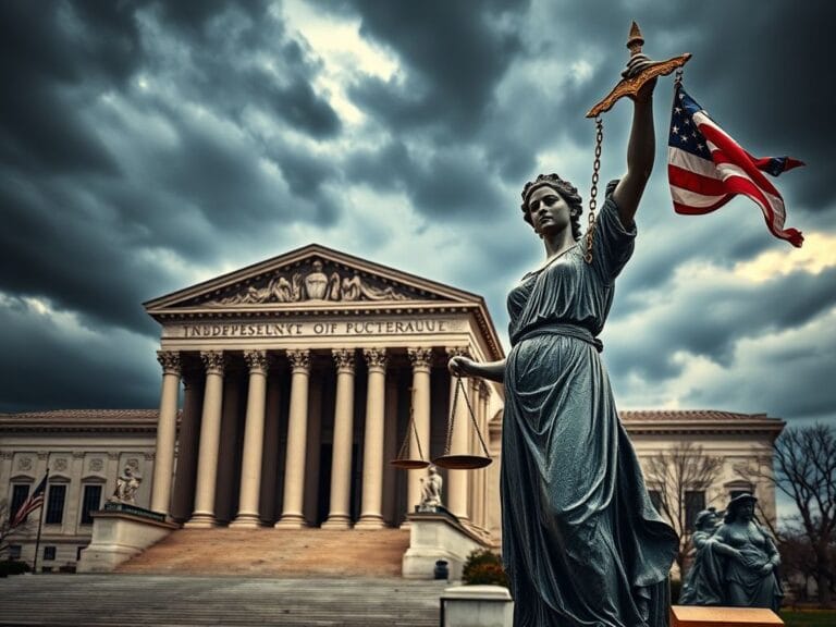 Flick International A cracked statue of Lady Justice with the Supreme Court in the background under a stormy sky