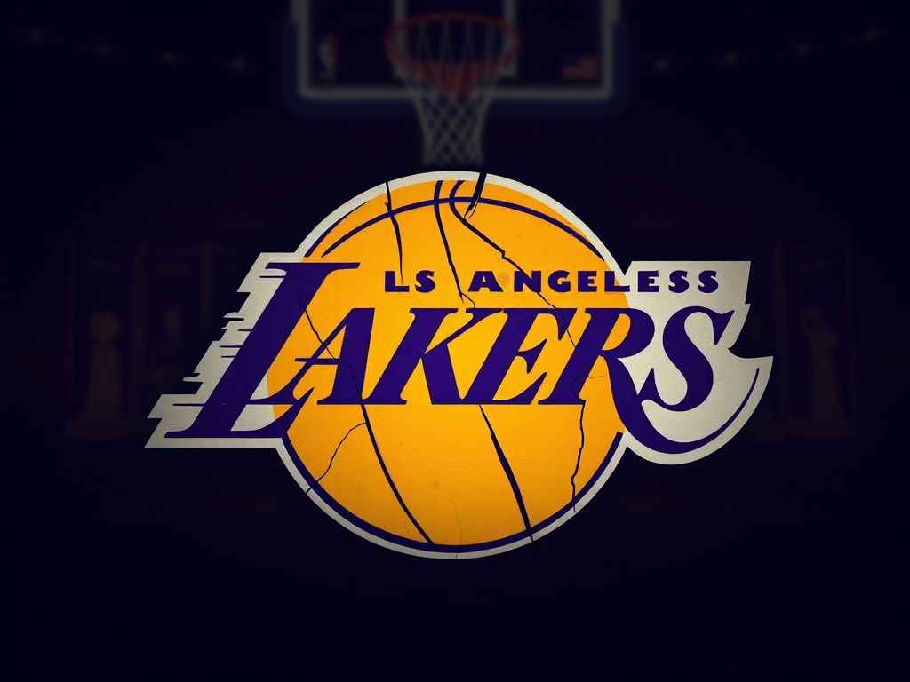 Flick International Close-up of a vintage, weathered Los Angeles Lakers logo with basketball elements in the background