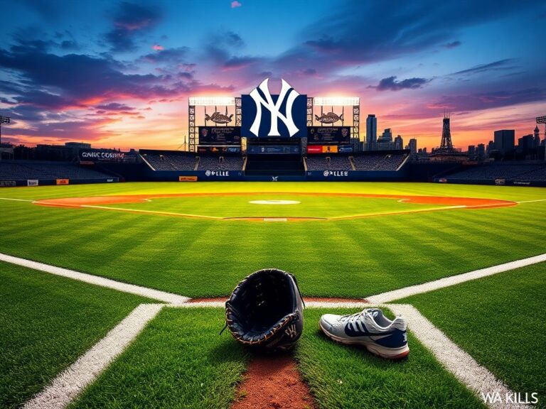 Flick International Vibrant baseball stadium during evening with Yankees logo and empty glove on home plate