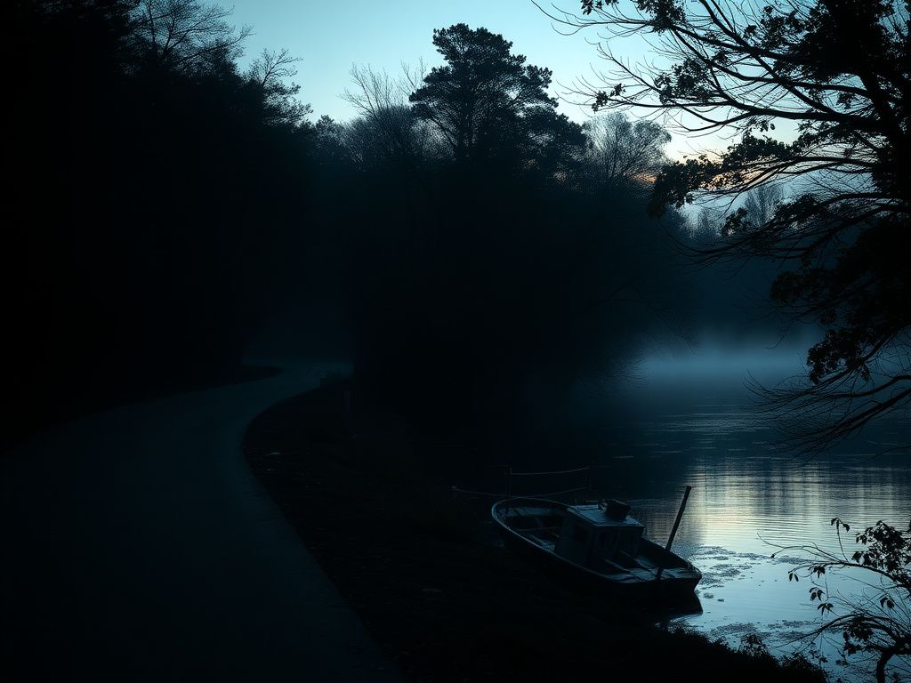 Flick International Twilight view of the Colonial Parkway in Virginia with an abandoned fishing boat by the water
