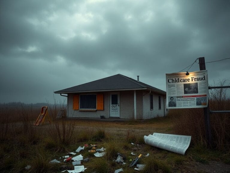 Flick International A boarded-up daycare center with a sign saying 'Out of Business' and an overgrown yard, symbolizing neglect and alleged fraud.