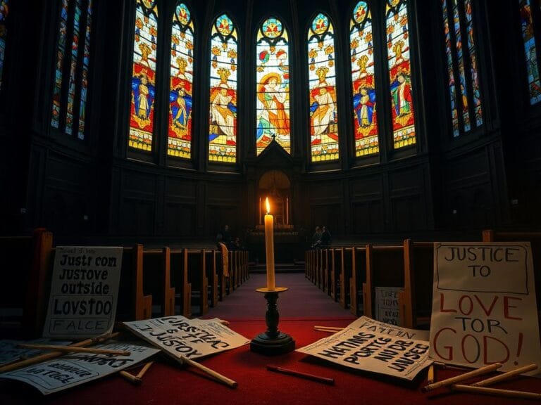 Flick International A grand empty church interior with stained glass windows casting colorful light and a flickering candle on the altar
