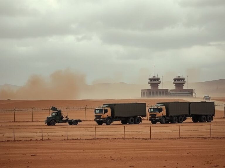 Flick International A stark, barren landscape with transport trucks at a military checkpoint symbolizing the transfer of ISIS detainees
