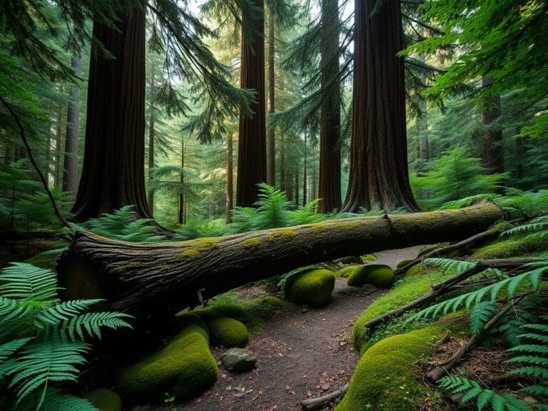 Flick International Fallen dead fir tree across hiking trail in Olympic National Forest