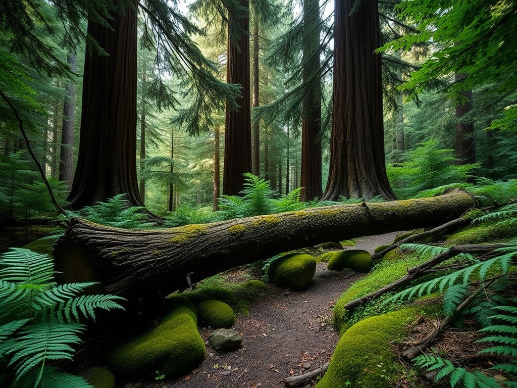 Flick International Fallen dead fir tree across hiking trail in Olympic National Forest
