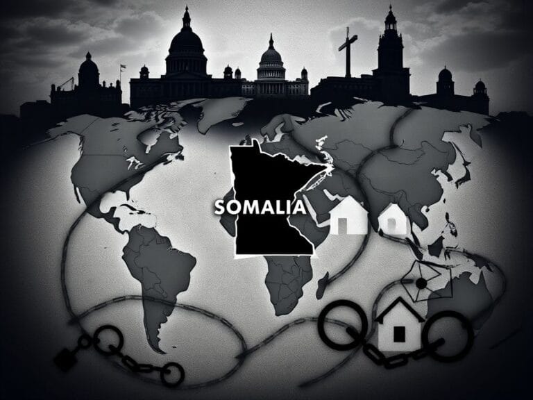 Flick International Abstract representation of a fractured world map highlighting Somalia and Minnesota with symbols of conflict and migration