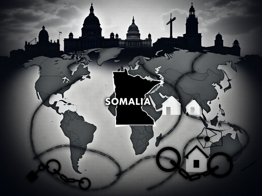 Flick International Abstract representation of a fractured world map highlighting Somalia and Minnesota with symbols of conflict and migration