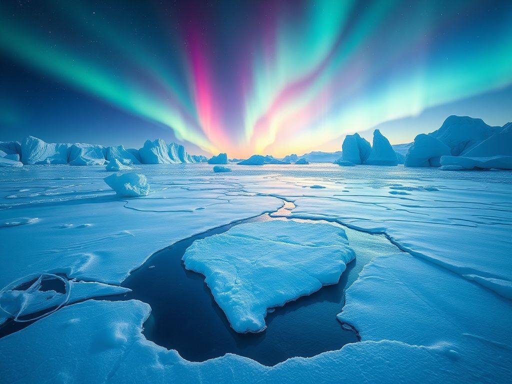 Flick International Serene Arctic landscape with icebergs and auroras reflecting colors of hope