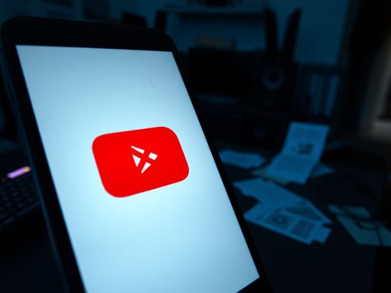 Flick International close-up view of a cracked smartphone screen displaying the YouTube logo with a blurred video thumbnail and red X overlay