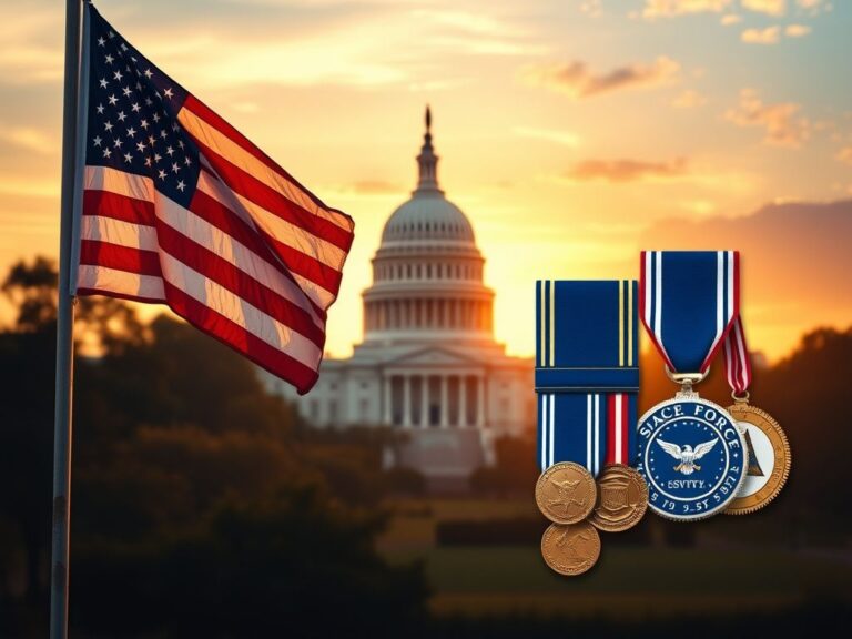 Flick International Dawn scene of the U.S. Capitol building with an American flag and military insignia