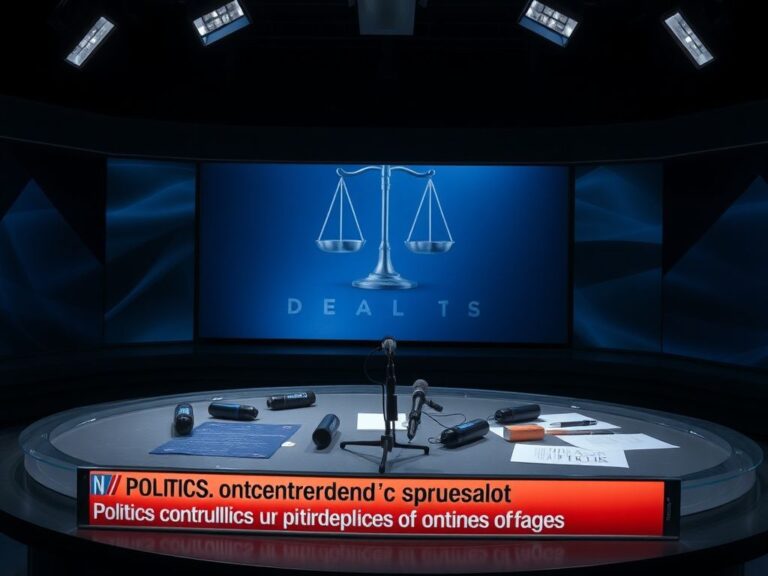 Flick International Dimly lit news studio with an empty news desk and reflected soft light